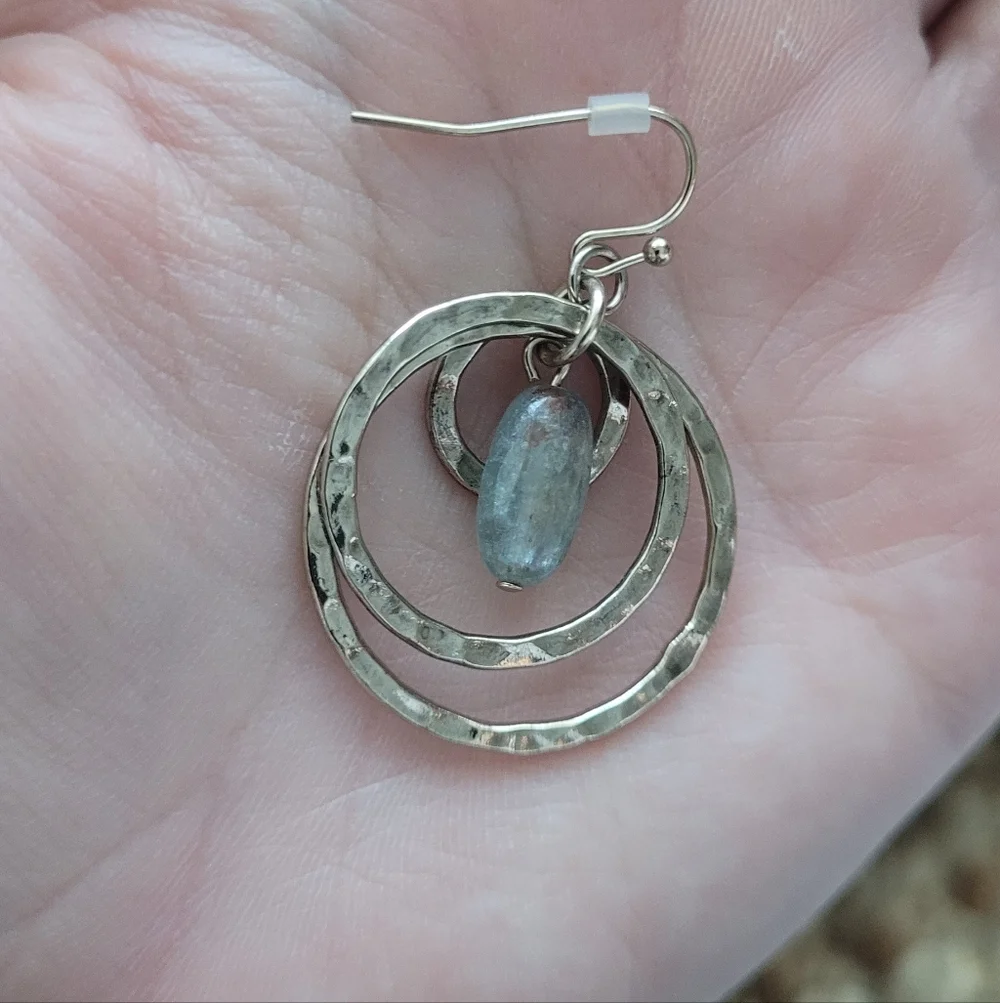 Hammered Metal Gold Tone Triple Hoops with Aquamarine Center Stone - Picture 2 of 3